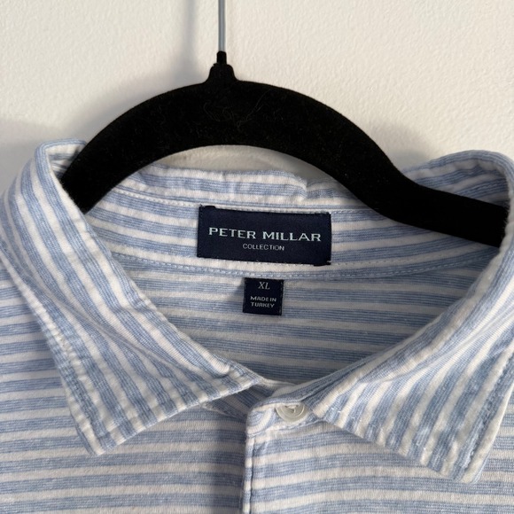 Peter Millar Collection Mens XL Blue White Striped Cotton Linen Polo Shirt - Picture 2 of 7